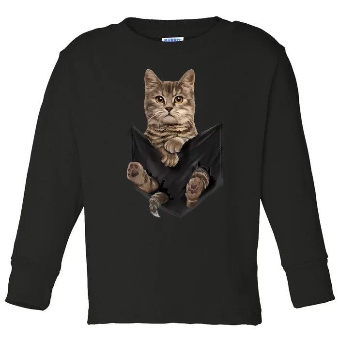 Brown Cat Sits In Pocket TShirt Cats Tee Shirt Gifts Toddler Long Sleeve Shirt