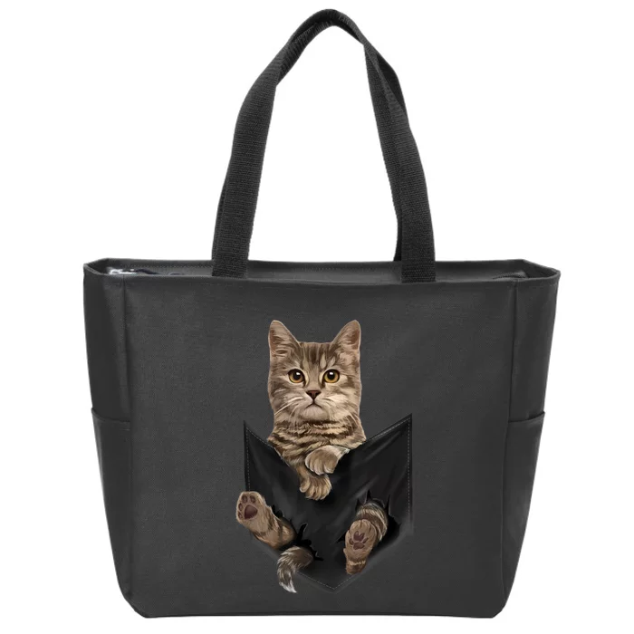 Brown Cat Sits In Pocket TShirt Cats Tee Shirt Gifts Zip Tote Bag