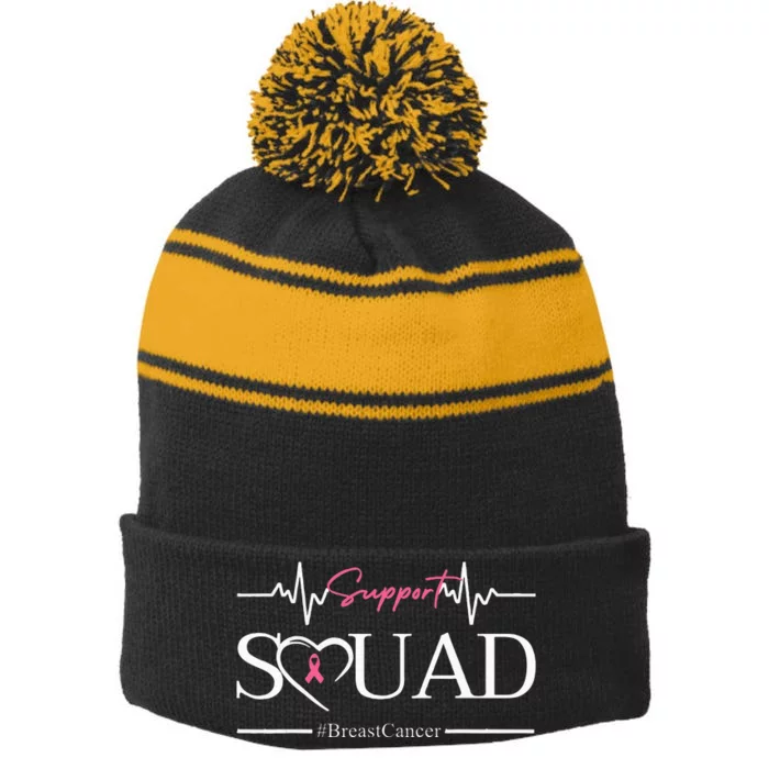 Breast Cancer Squad With Heart And P.I.N.K. .R.Ibbon Stripe Pom Pom Beanie