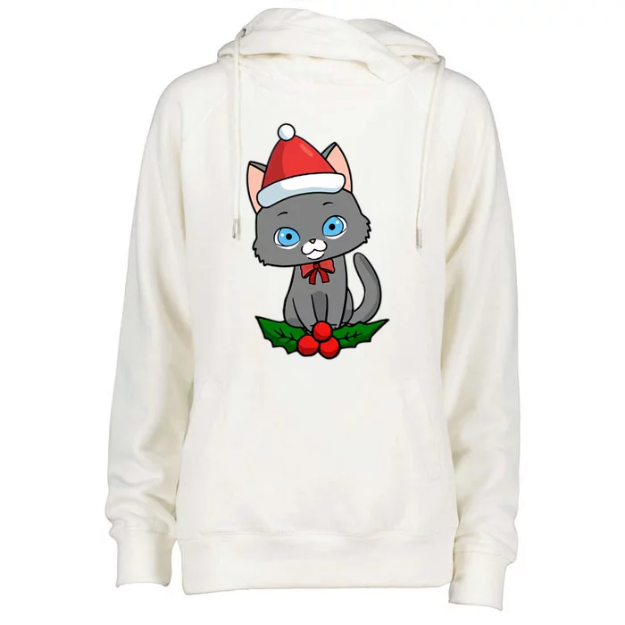 Black Cat Santa Hat Holly Plant Womens Funnel Neck Pullover Hood