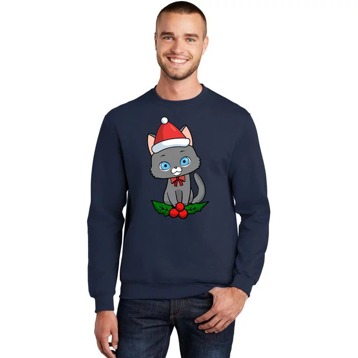 Black Cat Santa Hat Holly Plant Sweatshirt