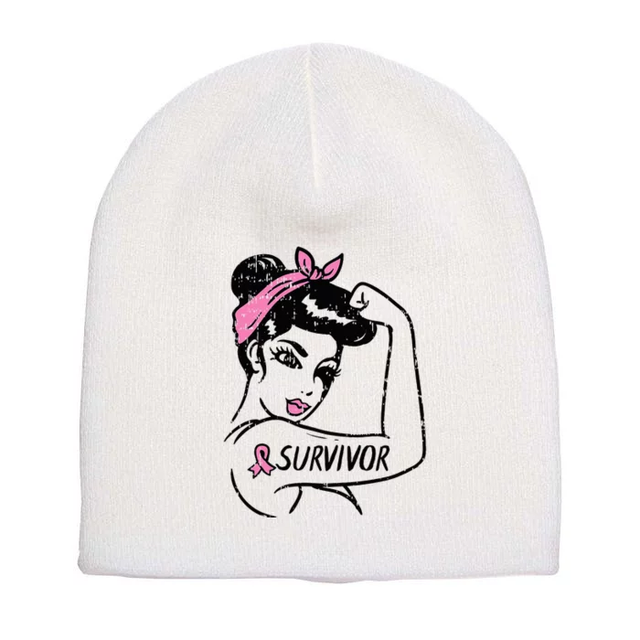 Breast Cancer Survivor Rosie Riveter Pink Awareness Short Acrylic Beanie