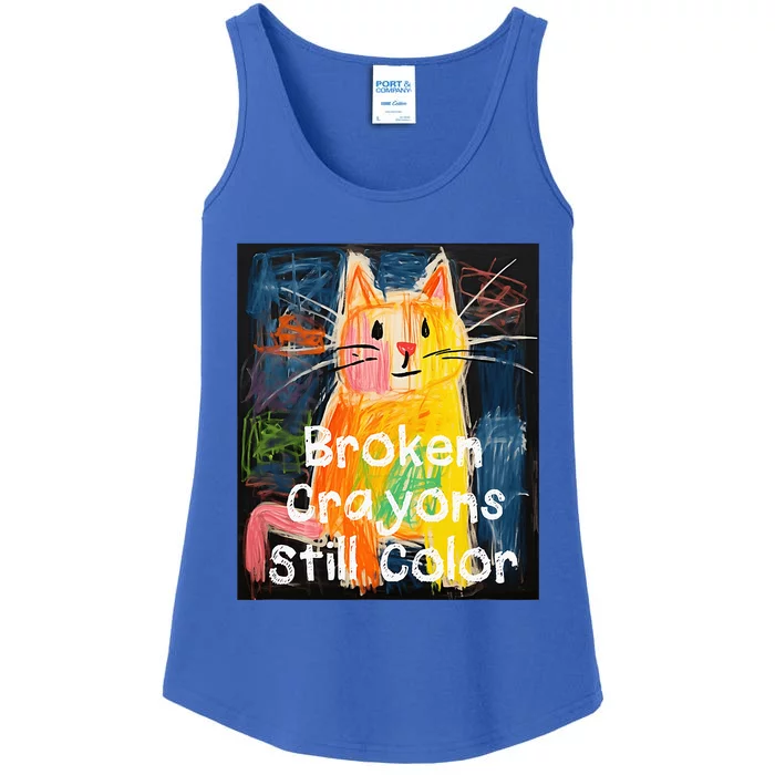 Broken Crayons Still Color Mental Health Awareness Cat Funny Ladies Essential Tank