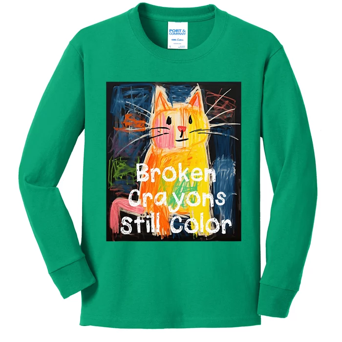 Broken Crayons Still Color Mental Health Awareness Cat Funny Kids Long Sleeve Shirt