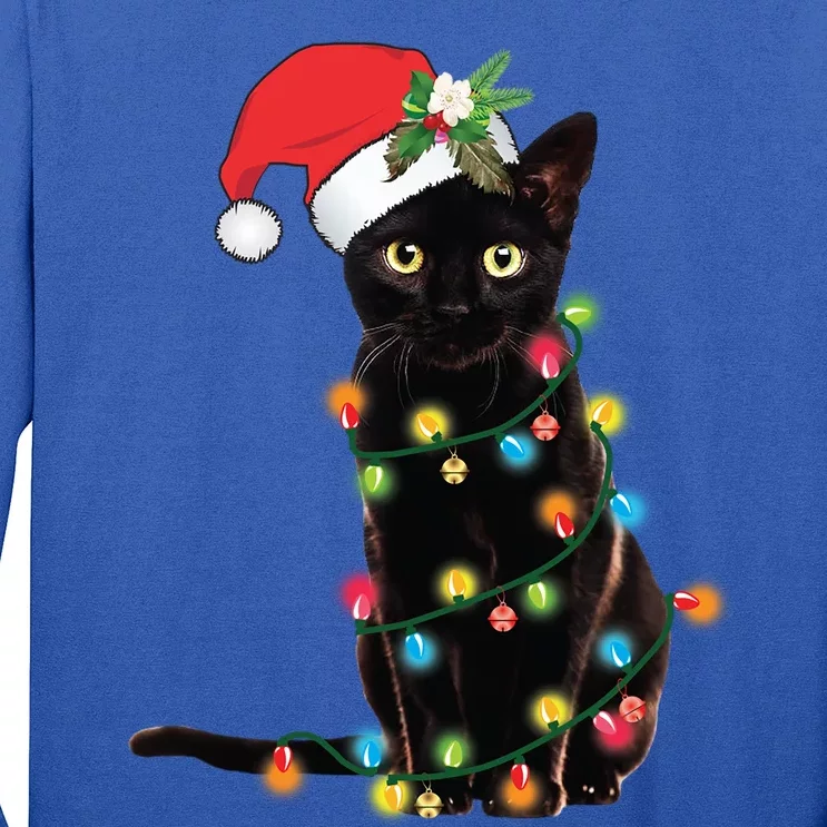 Black Cat Santa Tangled Up In Christmas Lights Gift Long Sleeve Shirt