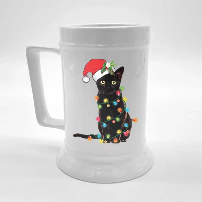 Black Cat Santa Tangled Up In Christmas Lights Gift Front & Back Beer Stein