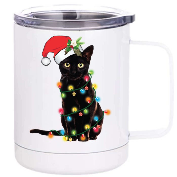 Black Cat Santa Tangled Up In Christmas Lights Gift Front & Back 12oz Stainless Steel Tumbler Cup