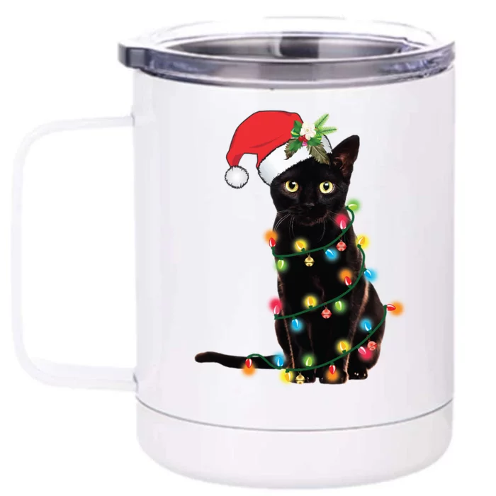 Black Cat Santa Tangled Up In Christmas Lights Gift Front & Back 12oz Stainless Steel Tumbler Cup