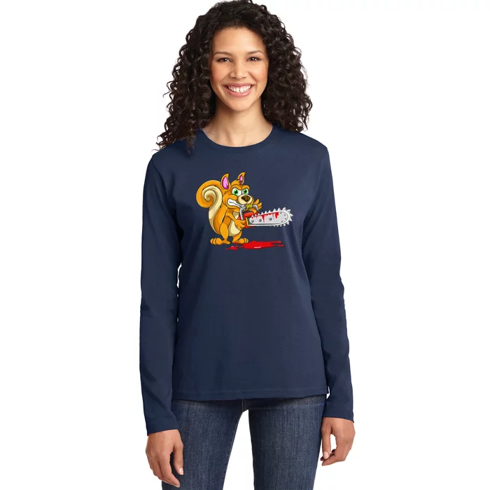 Bloody Chainsaw Spooky Halloween Gift Idea Squirrel Ladies Long Sleeve Shirt