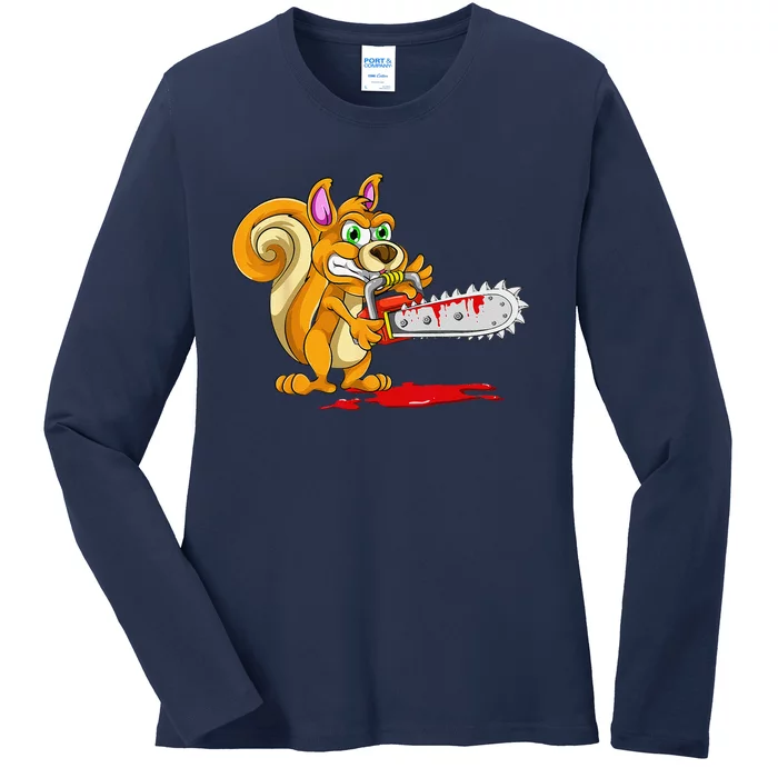 Bloody Chainsaw Spooky Halloween Gift Idea Squirrel Ladies Long Sleeve Shirt