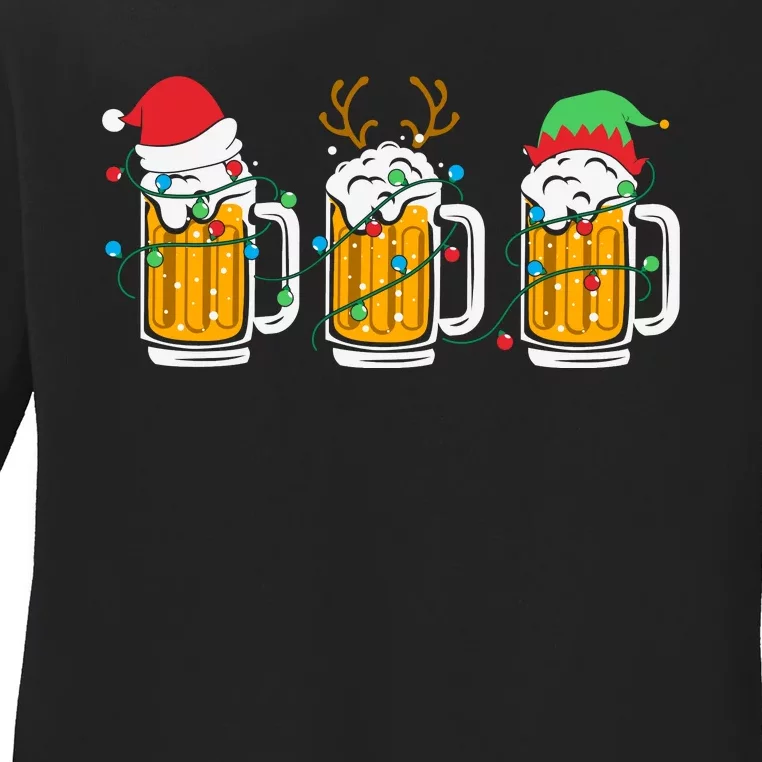 Beer Christmas Santa Reinbeer Christmas Light Ladies Long Sleeve Shirt