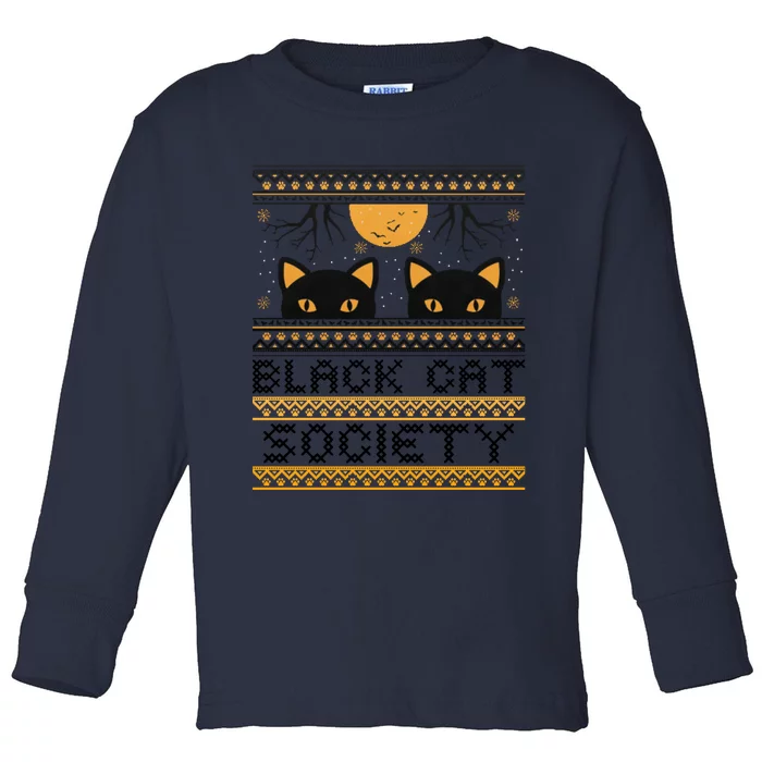 Black Cat Society Halloween Ugly Sweater Toddler Long Sleeve Shirt