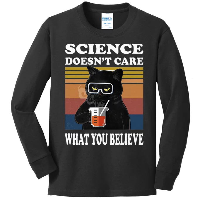 Black Cat Scientist Science DoesnT Care What You Believe Kids Long Sleeve Shirt