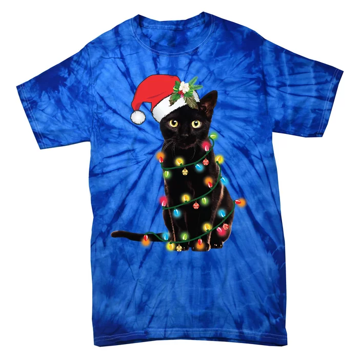 Black Cat Santa Tangled Up In Christmas Lights Cool Gift Tie-Dye T-Shirt