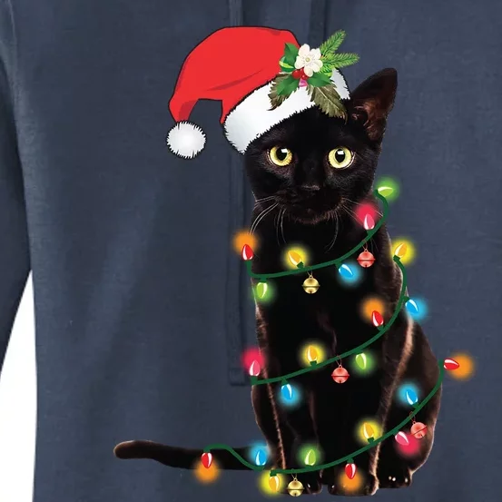 Black Cat Santa Tangled Up In Christmas Lights Cool Gift Women's Pullover Hoodie