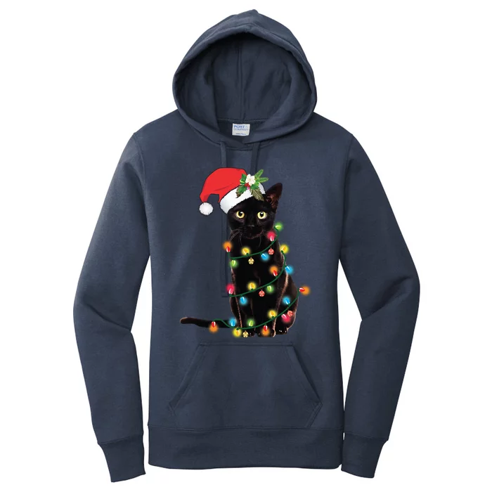 Black Cat Santa Tangled Up In Christmas Lights Cool Gift Women's Pullover Hoodie