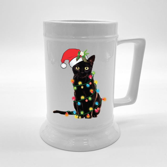 Black Cat Santa Tangled Up In Christmas Lights Cool Gift Front & Back Beer Stein