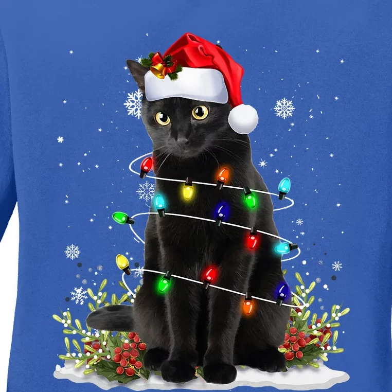 Black Cat Santa Christmas Family Matching Pajamas Xmas Ladies Long Sleeve Shirt