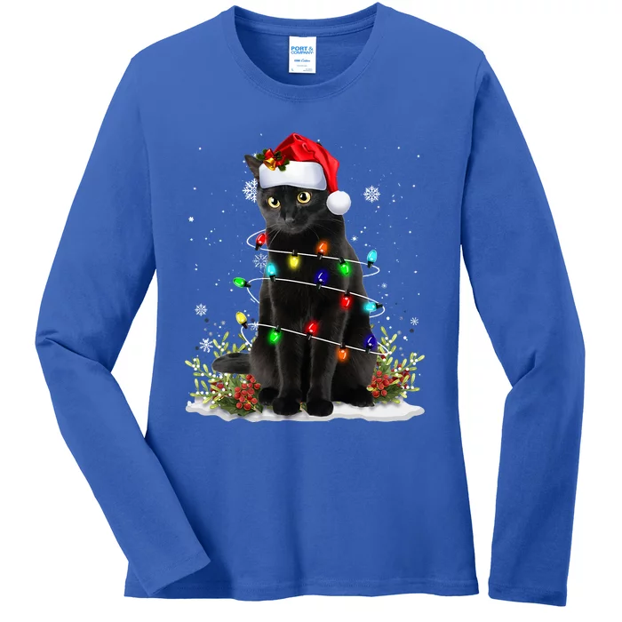 Black Cat Santa Christmas Family Matching Pajamas Xmas Ladies Long Sleeve Shirt