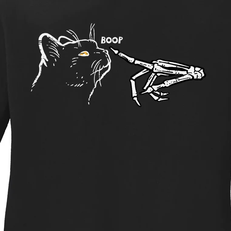 Black Cat Skeleton Hand Boop Halloween Pet Ladies Long Sleeve Shirt