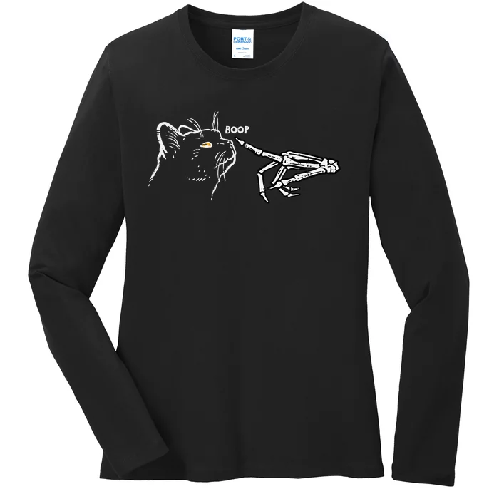 Black Cat Skeleton Hand Boop Halloween Pet Ladies Long Sleeve Shirt