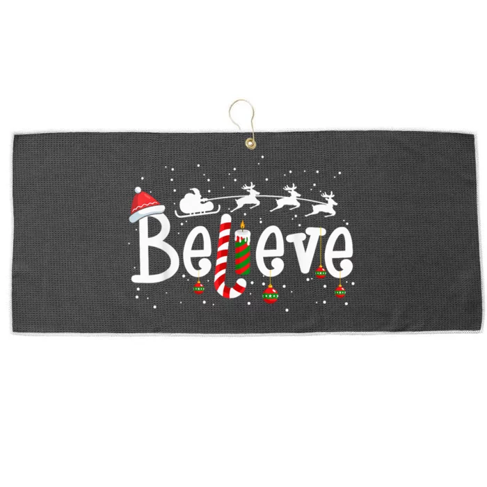 Believe Christmas Shirt Santa Claus Reindeer Candy Cane Xmas Large Microfiber Waffle Golf Towel