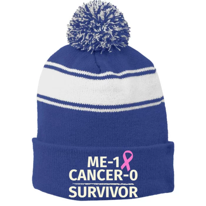 Breast Cancer Survivor Funny Gift Me 1 Cancer 0 Pink Ribbon Stripe Pom Pom Beanie