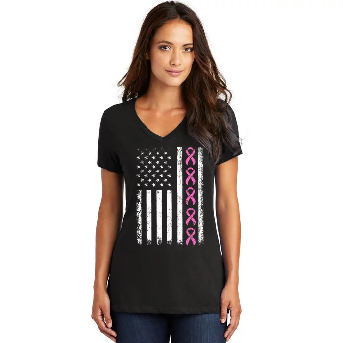 Breast Cancer s American Flag Breast Cancer Awareness Women's V-Neck T-Shirt