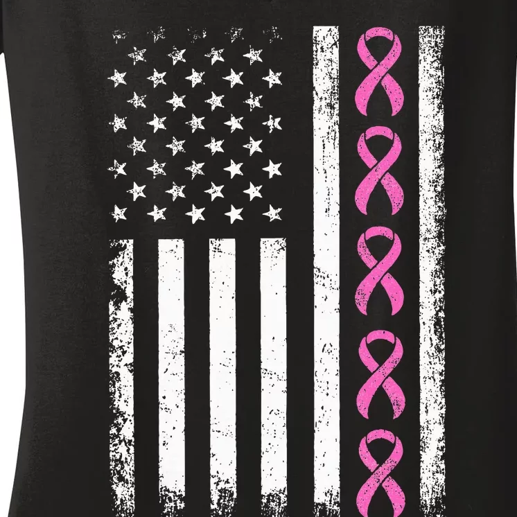 Breast Cancer s American Flag Breast Cancer Awareness Women's V-Neck T-Shirt