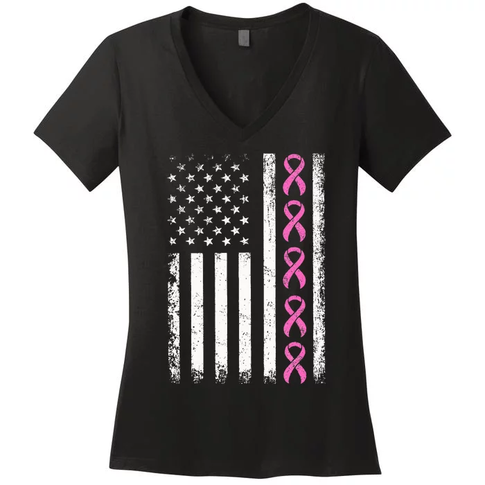 Breast Cancer s American Flag Breast Cancer Awareness Women's V-Neck T-Shirt