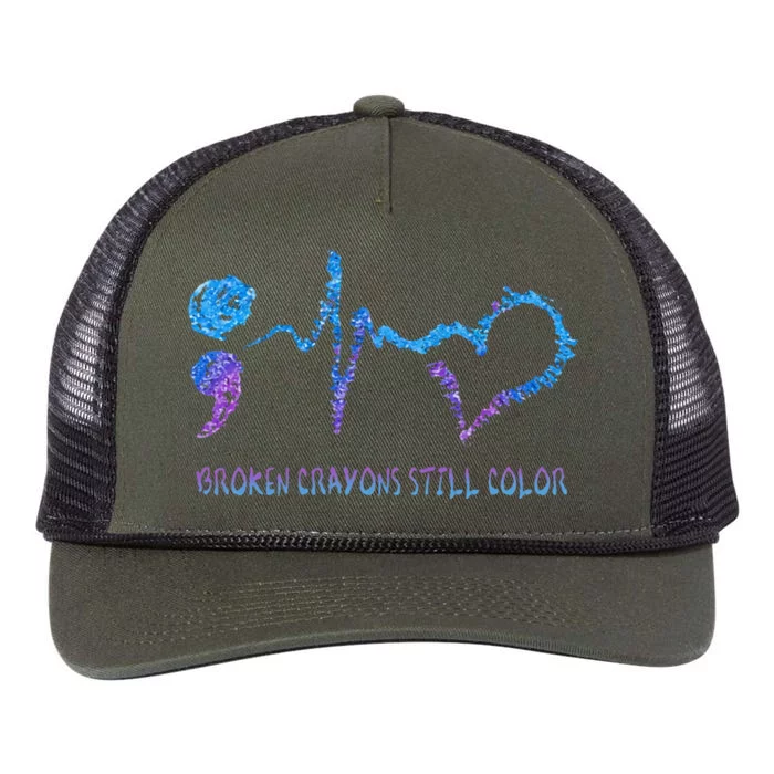 Broken Crayons Still Color Hear Semicolon Heart Beat Retro Rope Trucker Hat Cap