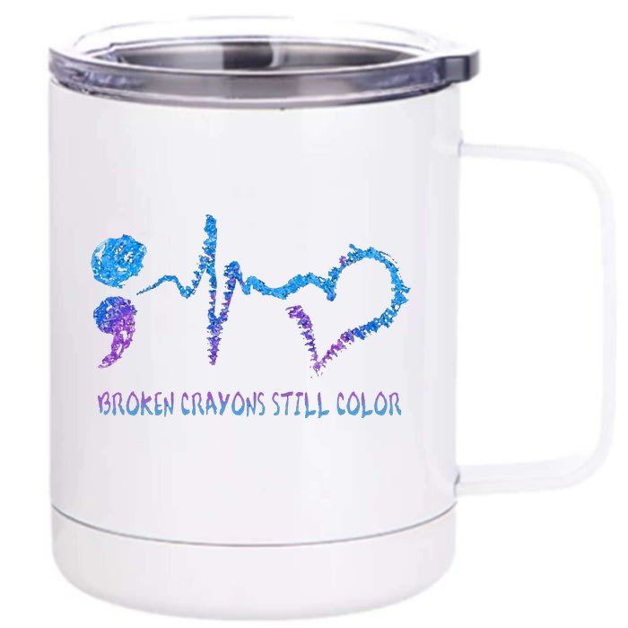 Broken Crayons Still Color Hear Semicolon Heart Beat Front & Back 12oz Stainless Steel Tumbler Cup