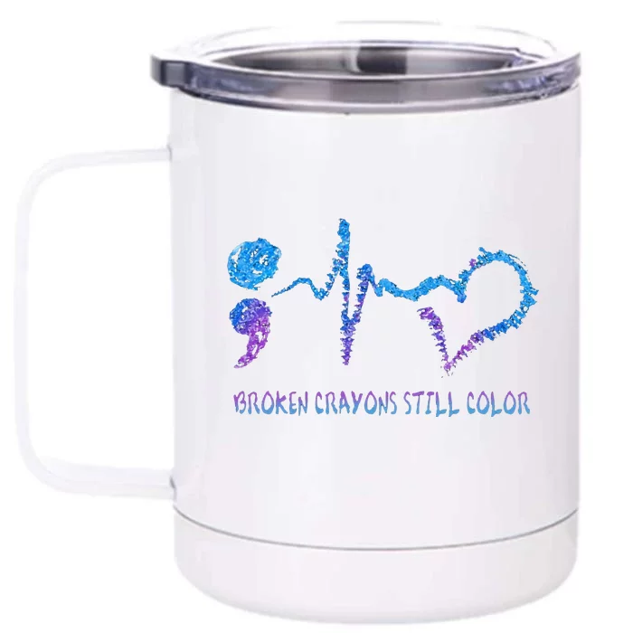 Broken Crayons Still Color Hear Semicolon Heart Beat Front & Back 12oz Stainless Steel Tumbler Cup