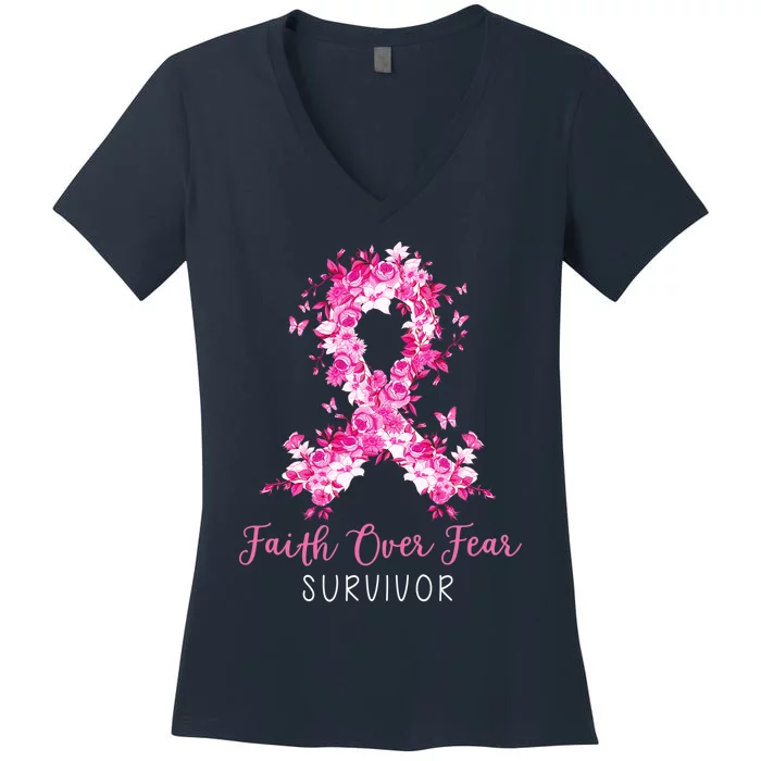 Breast Cancer Survivor Faith Over Fear Breast Cancer Awareness Women's V-Neck T-Shirt