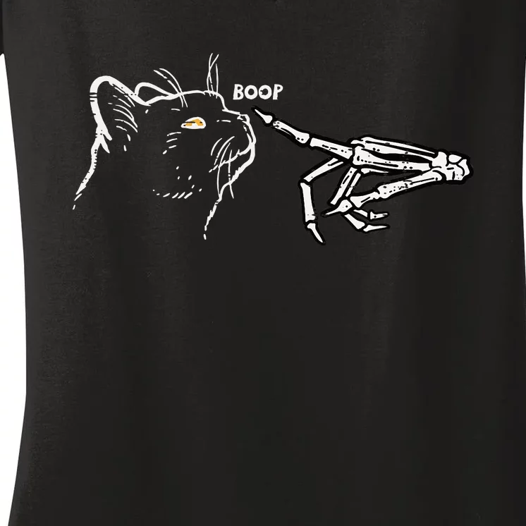 Black Cat Skeleton Hand Boop Halloween Pet Women's V-Neck T-Shirt