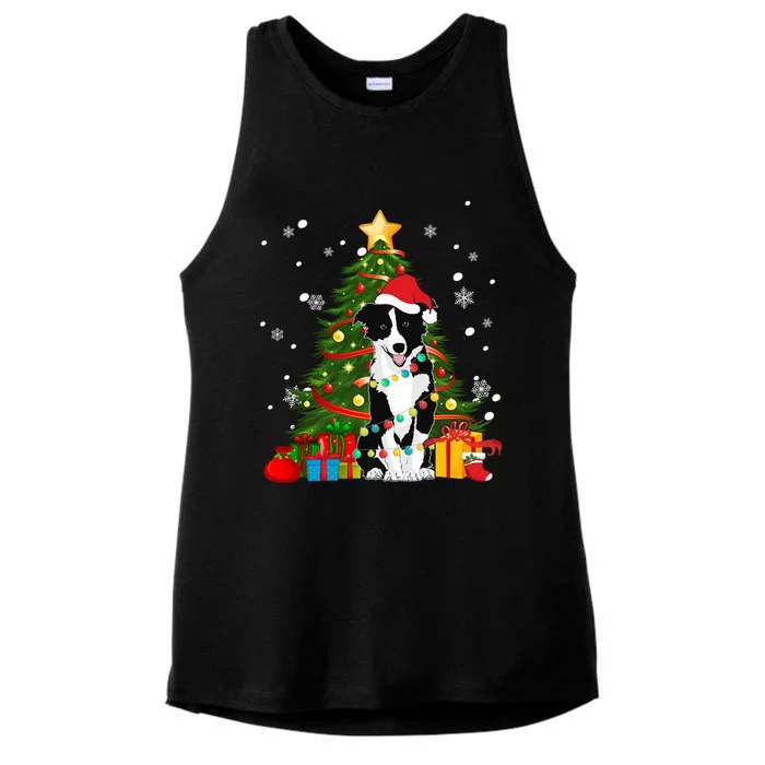 Border Collie Santa Christmas Tree Light Pajama Dog Xmas Gift Ladies Tri-Blend Wicking Tank