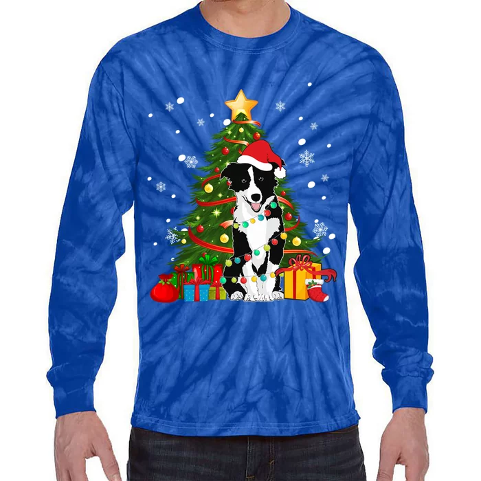 Border Collie Santa Christmas Tree Light Pajama Dog Xmas Gift Tie-Dye Long Sleeve Shirt