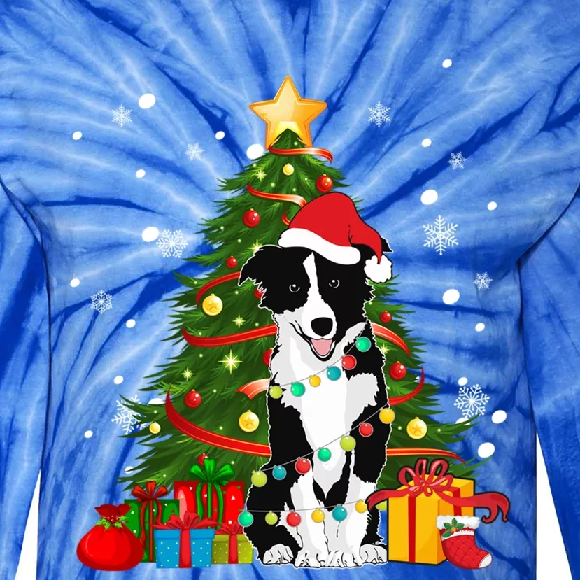 Border Collie Santa Christmas Tree Light Pajama Dog Xmas Gift Tie-Dye Long Sleeve Shirt