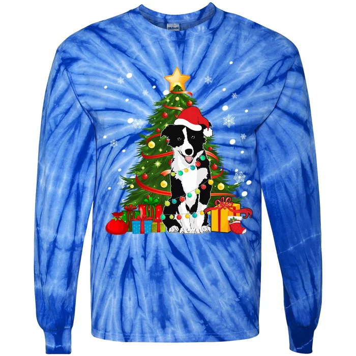 Border Collie Santa Christmas Tree Light Pajama Dog Xmas Gift Tie-Dye Long Sleeve Shirt