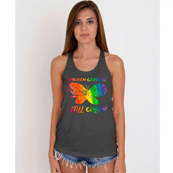 Broken Crayons Still Color Mental Health Awareness Butterfly Women's Knotted Racerback Tank