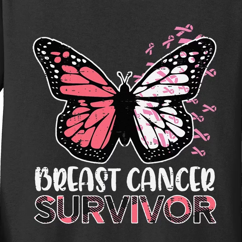 Breast Cancer Survivor Butterfly Breast Cancer Awareness Kids Long Sleeve Shirt