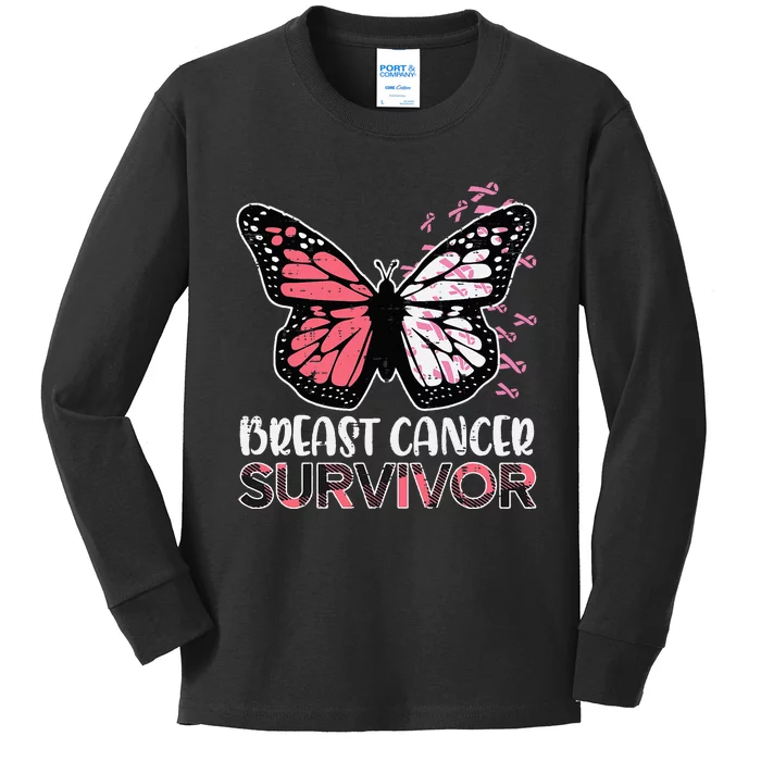 Breast Cancer Survivor Butterfly Breast Cancer Awareness Kids Long Sleeve Shirt