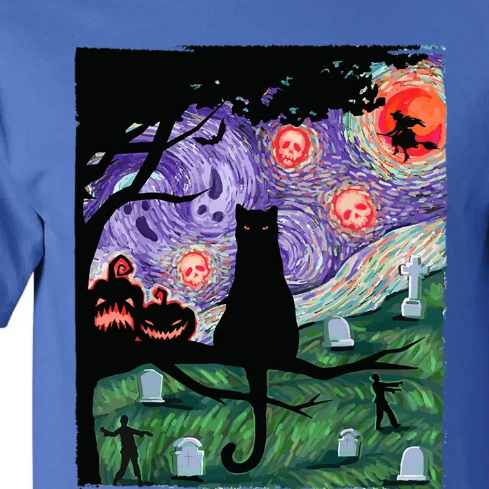 Black Cat Scary Night Cat Van Gogh Halloween Costume Gift Tall T-Shirt