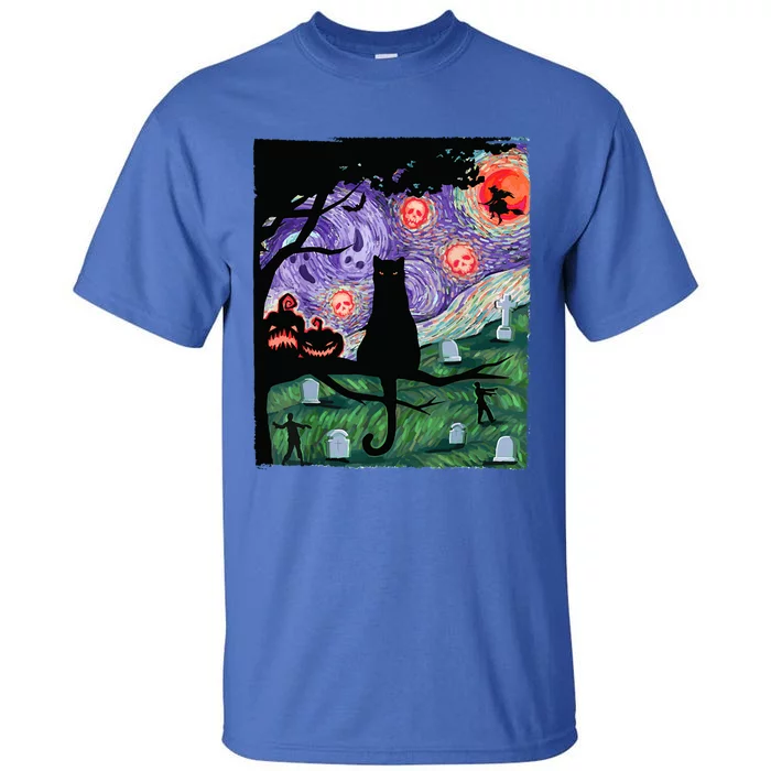 Black Cat Scary Night Cat Van Gogh Halloween Costume Gift Tall T-Shirt