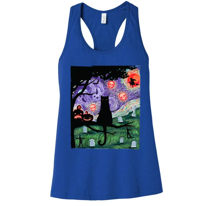 Black Cat Scary Night Cat Van Gogh Halloween Costume Gift Women's Racerback Tank