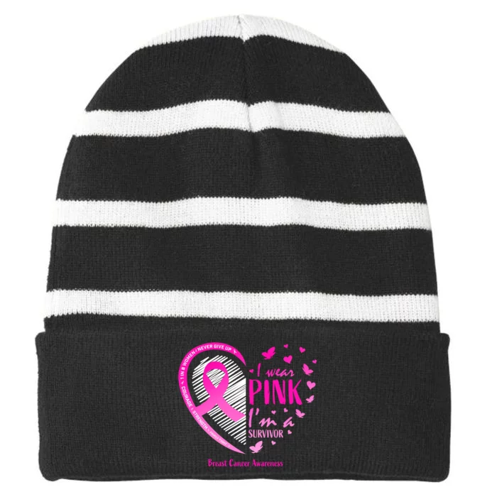 Breast Cancer Survivor Gifts Awareness Striped Beanie with Solid Band