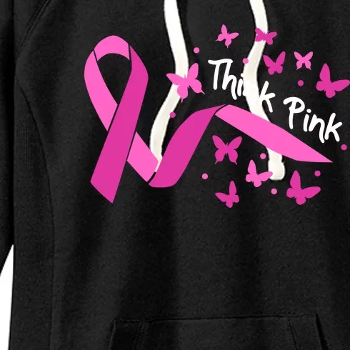 Breast Cancer Think Pink Butterfly Ribbon Women's Fleece Hoodie