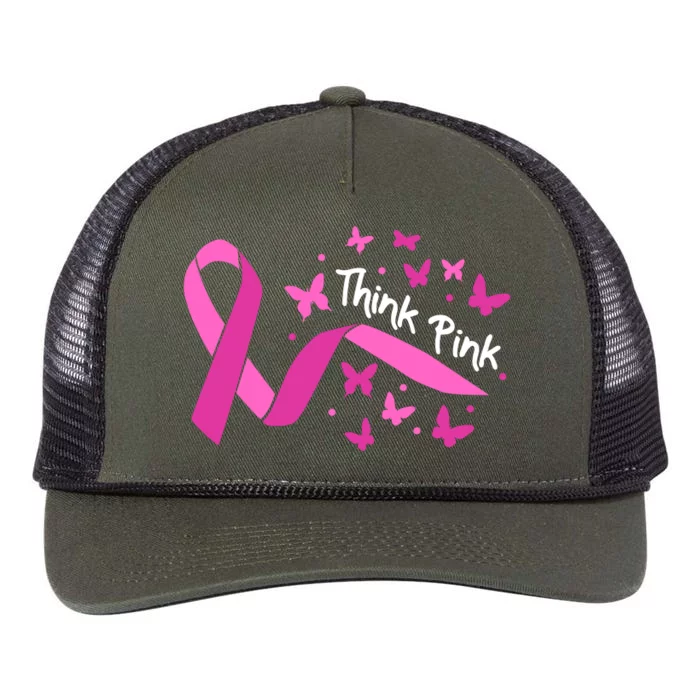 Breast Cancer Think Pink Butterfly Ribbon Retro Rope Trucker Hat Cap