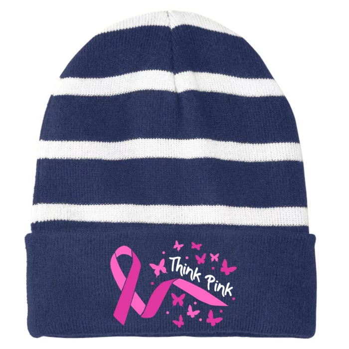 Breast Cancer Think Pink Butterfly Ribbon Striped Beanie with Solid Band