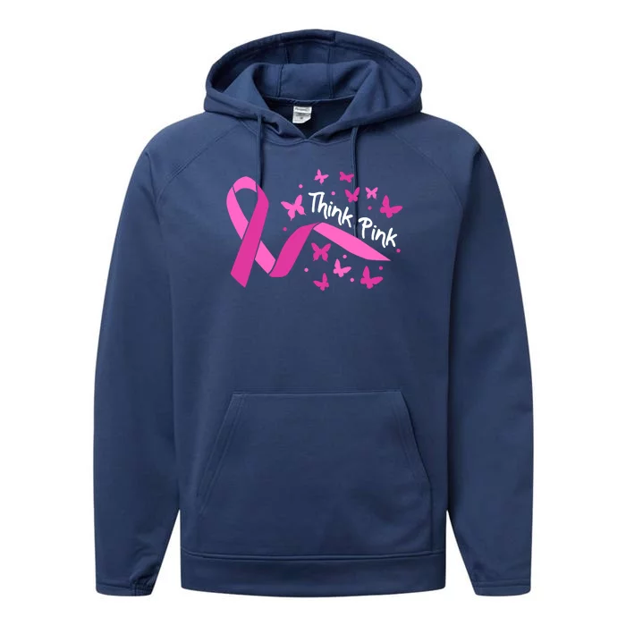 Breast Cancer Think Pink Butterfly Ribbon Performance Fleece Hoodie